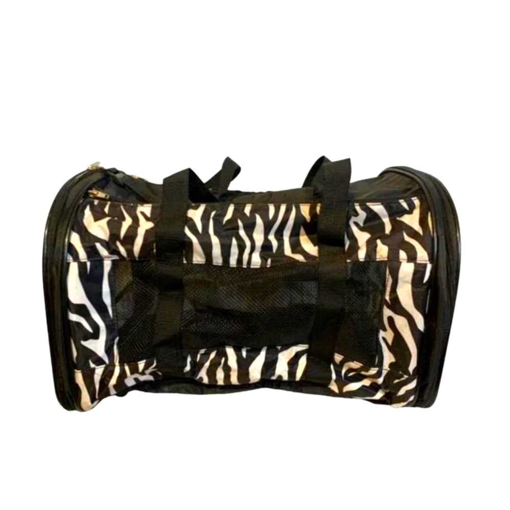 Zebra stripped black white pet carrier with carry strap